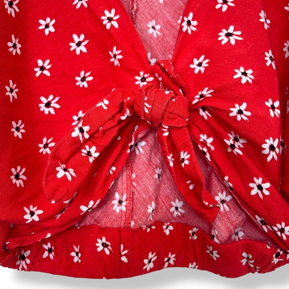 ZARA Red Daisy Floral Print Tie-Front Linen Blend Cropped Blouse - XS - Picture 11 of 12